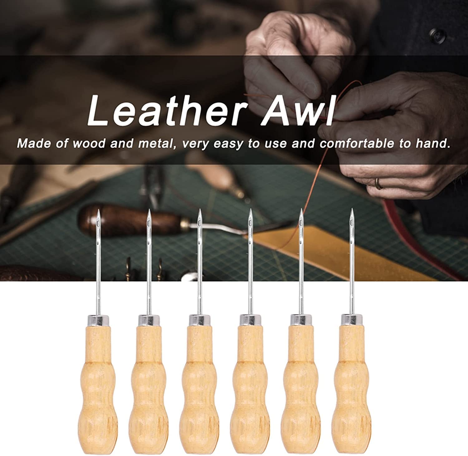 Poinçon de couture en cuir, poinçon à main, outil de poinçon en cuir, poinçon en cuir, 10pcs poinçon de couture en cuir manche en bois 125mm de longueur kit d'outils à main for réparer le bricolage