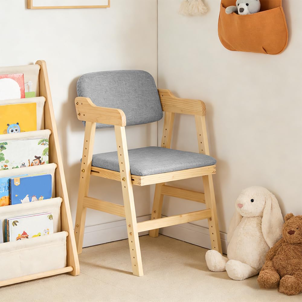 Hochstuhl aus Holz, verstellbar, Lehrstuhl,kinderstuhl,hochstühle,bis 90 kg für Kinder und Erwachsener aus hochwertigem Buchenholz, 1-12 Jahre,48 x 46 x 78 cm – Grau