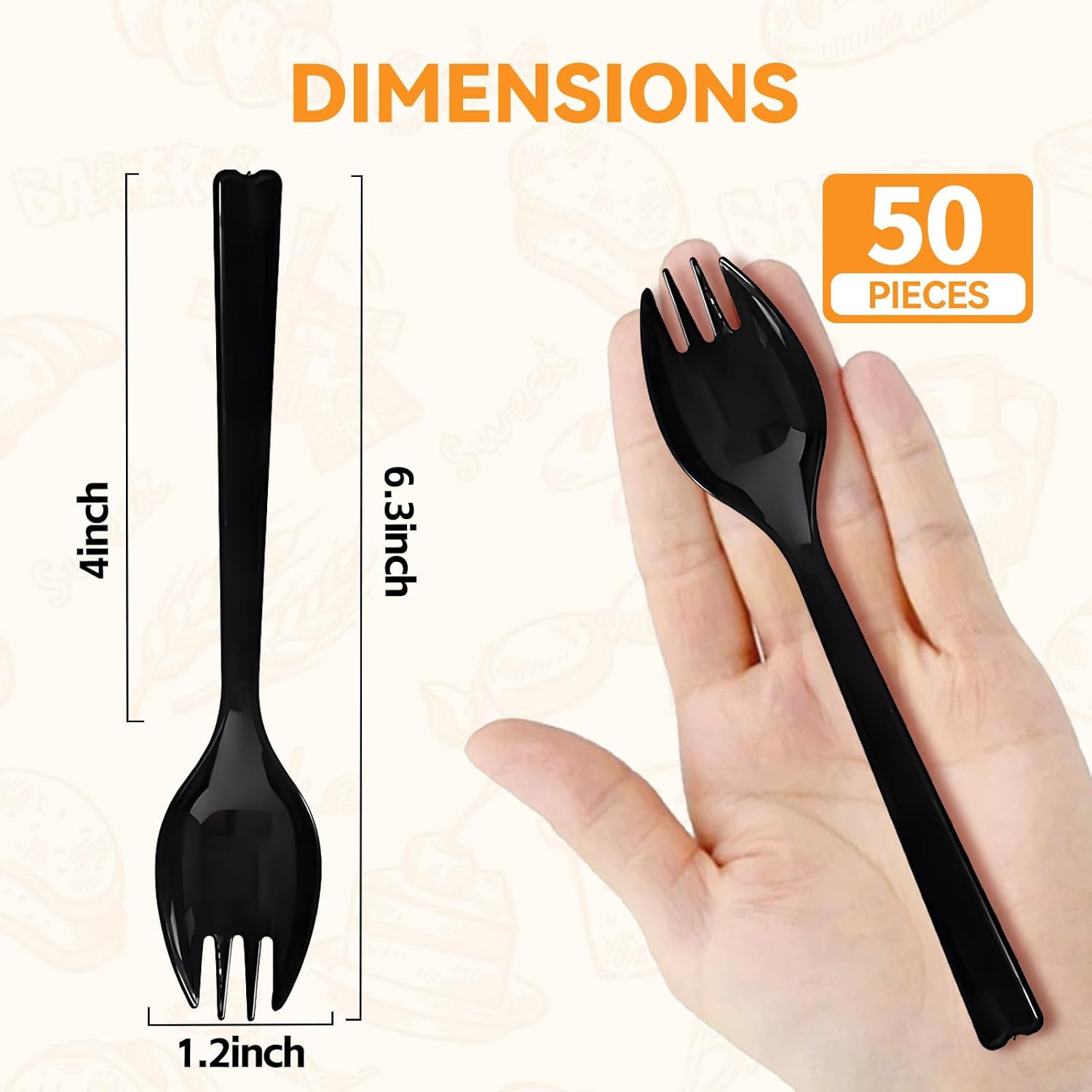 50Pcs Long Handle Plastic Spork, 6.3Inch Large Disposable Utensils, Heavy Weight Black Fork Spoon Combo for Appetizer, Catering, School Lunch, To-Go & Party Use