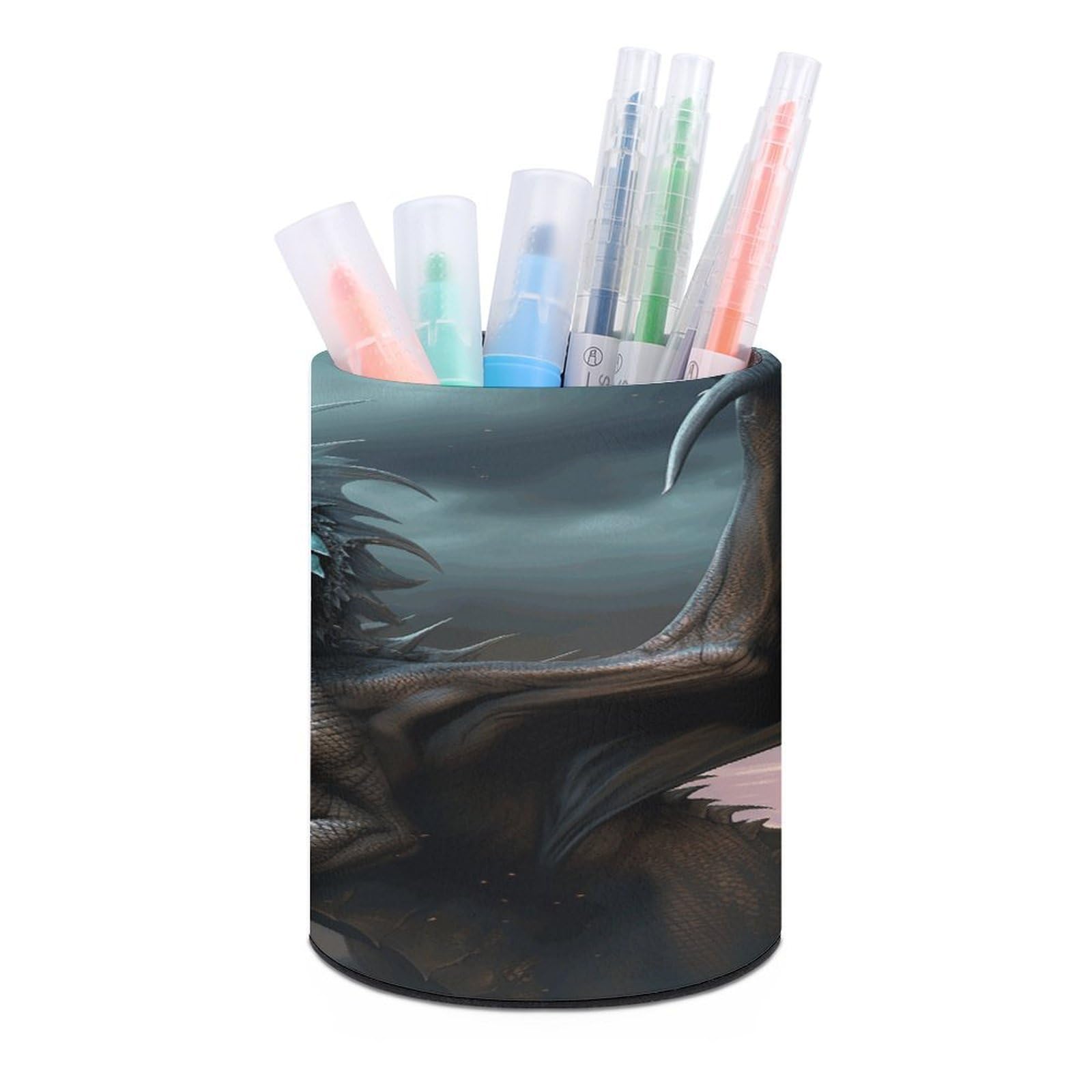 VstaDank Cool Dragon Pen Holder PU Leather Pencil Cup Minimalist Desk Pencil Holder Round Make Up Brush Organizers For Office Dorm Room&Vanity Desk Accessories