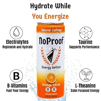 NoProof Energy Seltzer, Orange Citrus- 100% Naturally Flavored, Natural Green Tea Caffeine + Electrolytes, 0 Sugar, 0 Calories, 0 sucralose, 0 aspartame, 0 colors -Clean Social Energy Drink, 12oz cans (6-pack)