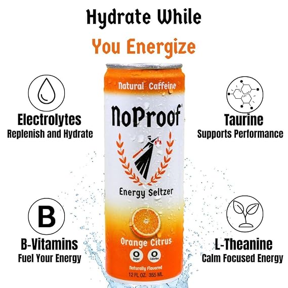 NoProof Energy Seltzer, Orange Citrus- 100% Naturally Flavored, Natural Green Tea Caffeine + Electrolytes, 0 Sugar, 0 Calories, 0 sucralose, 0 aspartame, 0 colors -Clean Social Energy Drink, 12oz cans (6-pack)
