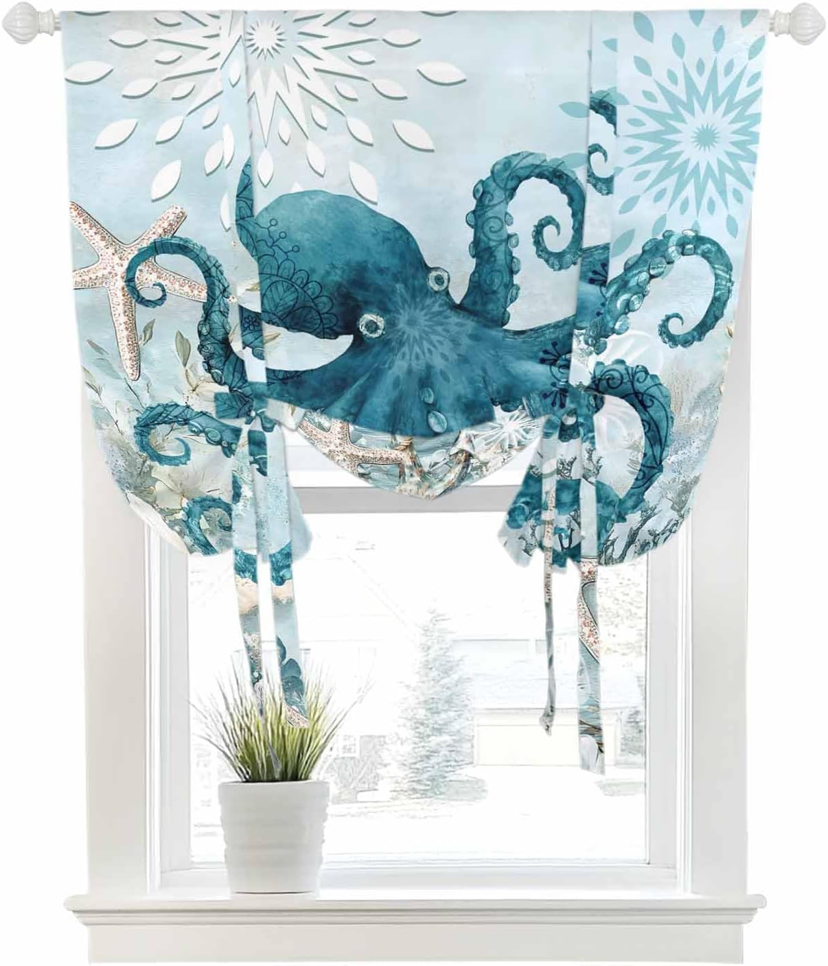Tie Up Curtain for Windows Octopus Balloon Window Shades for Bedroom Bathroom Adjustable Rod Pocket Blue Ocean Marine Life Window Treatments Curtains Valance for Kitchen 52" W x 63" L