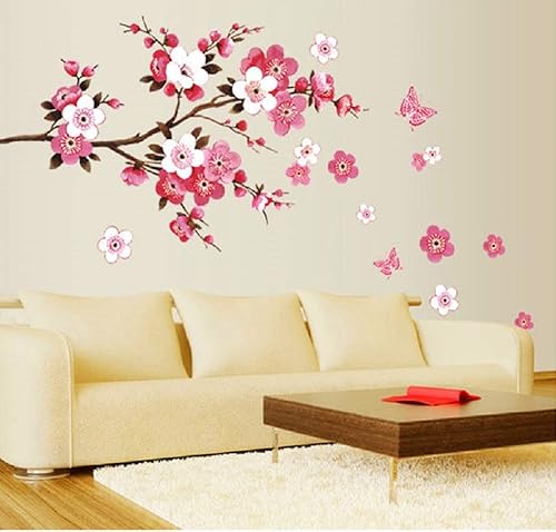 Miniatura 5 de SWORNA Nature Series - Mural de vinilo extraíble, diseño de rama, flores rosas y mariposas, decoración para el hogar, calcomanías para el hogar,