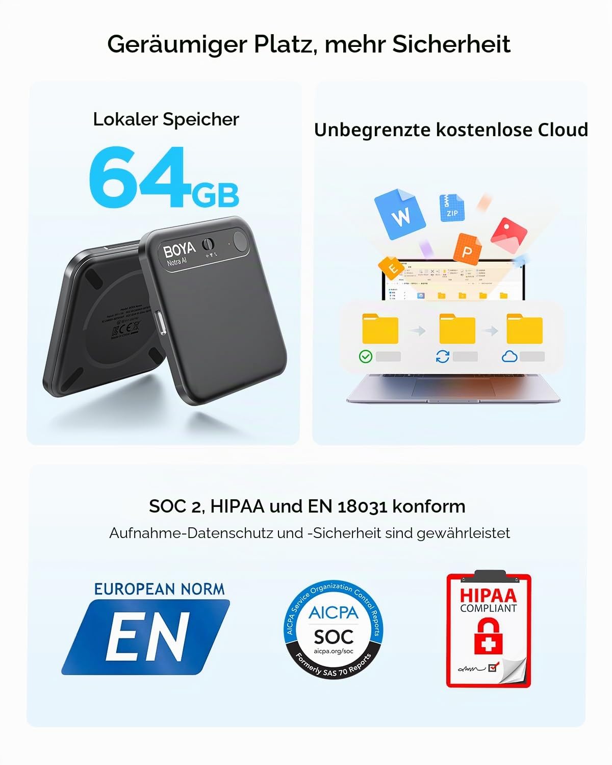 BOYA Notra KI Diktiergerät, KI-Transkription intelligente Zusammenfassung, über 140 Sprachen, 64 GB Speicher, magnetischer Notizblock für Besprechungen, Vorlesungen und Interviews Meetings