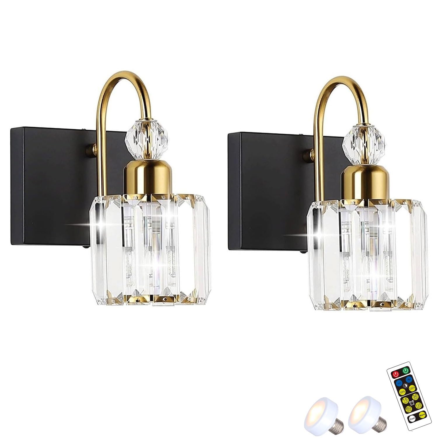 Modern Glass Crystal Wall Sconces Battery Operated Set of 2, with Bulb &Remote, Not Hardwired Bathroom Mirror Wall Lights, Wireless Dimmable Timed Wall Lamp for Hallway Foyer Bedroom(Black Gold)