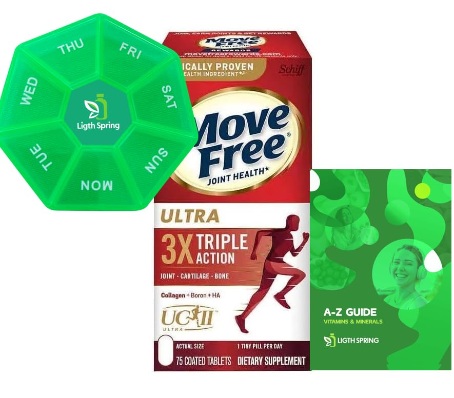 LightSpring M-Free Triple Action Joint Supplement, 75 Tablets, Supports Cartilage & Bones, 1 Tiny Pill Per Day, Bundle Guide & Weekly Pill Organizer