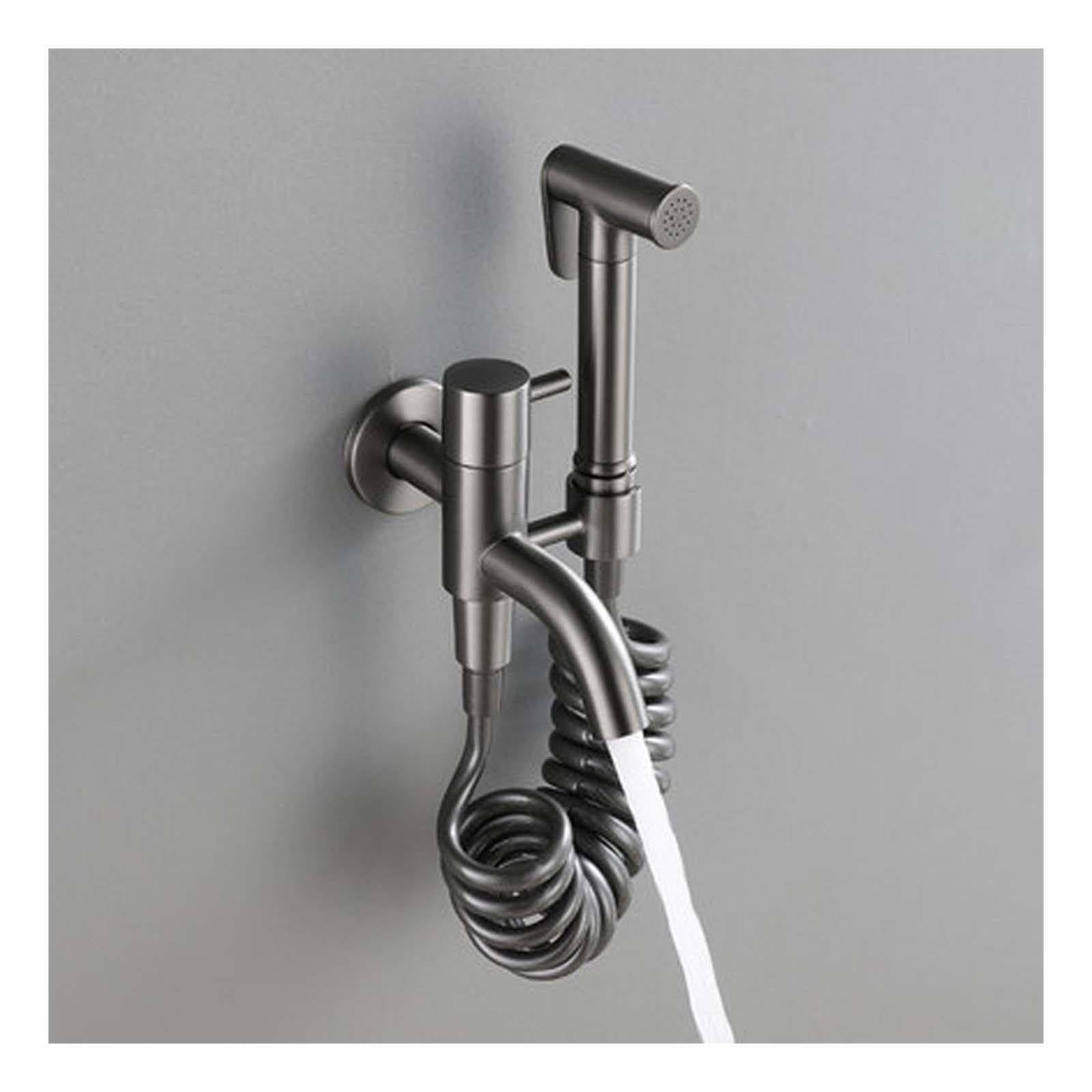 Ducha bidet para WC gris pistola con manguera de resorte y grifo bidet de latón dual