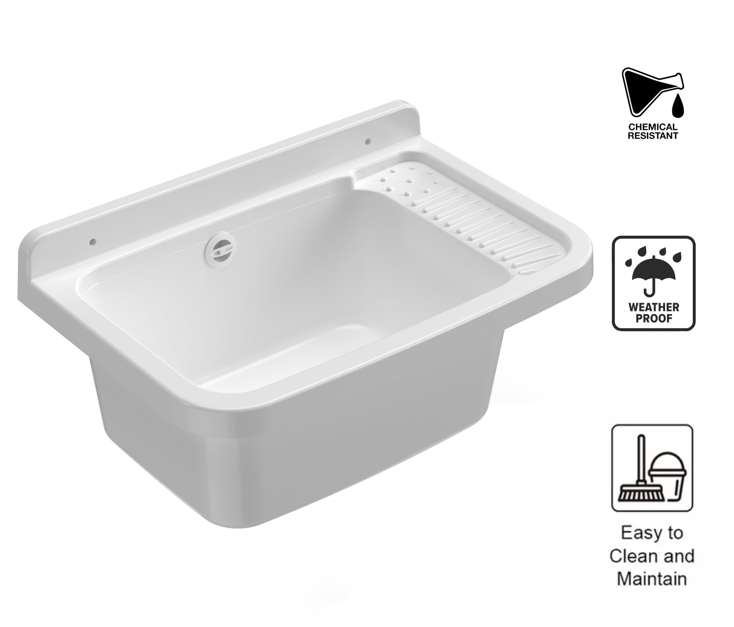 Adventa: Vasca lavatoio in resina di PP, fissaggio a Parete, Con Sifone e Piletta, Resistente agli acidi di uso comune, Lavanderia, Garage, Esterno, 50L × 33,5P × 24H cm, Bianco