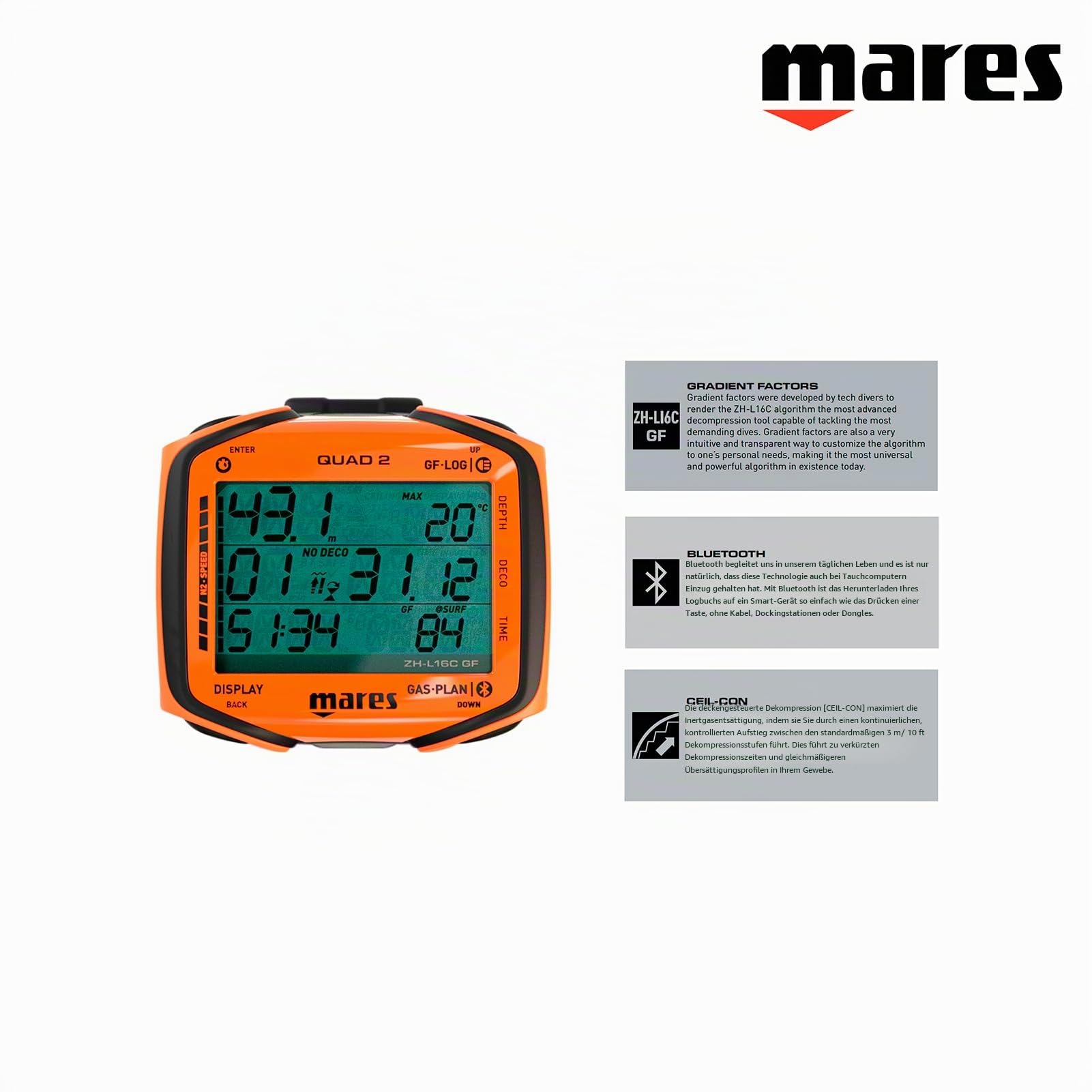 Mares Tauchcomputer Quad 2 Smart Wrist | Anzeige von Tiefe, Dekompression, Uhrzeit