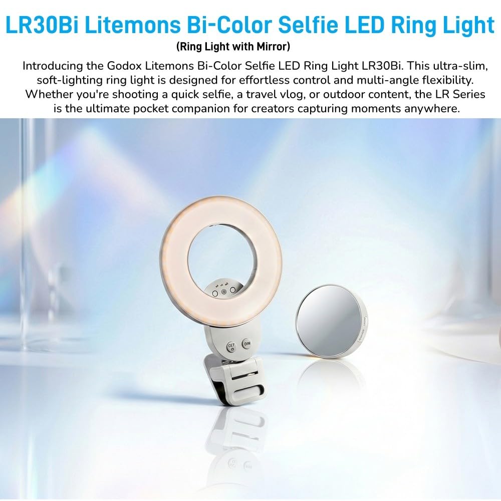 Godox LR30Bi LED Luce Selfie Smartphone, Ring Light Portable USB-C Bi-Color | Luce Morbida CRI97+, 2800K-6500K, Specchio Rimovibile, Ideale per TikTok, Make-up, Vlog e Videochiamate.
