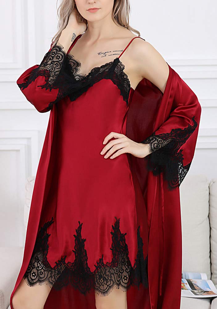 Valin S5647 S5647 - Camisón de seda de encaje de seda para mujer, rojo, 34