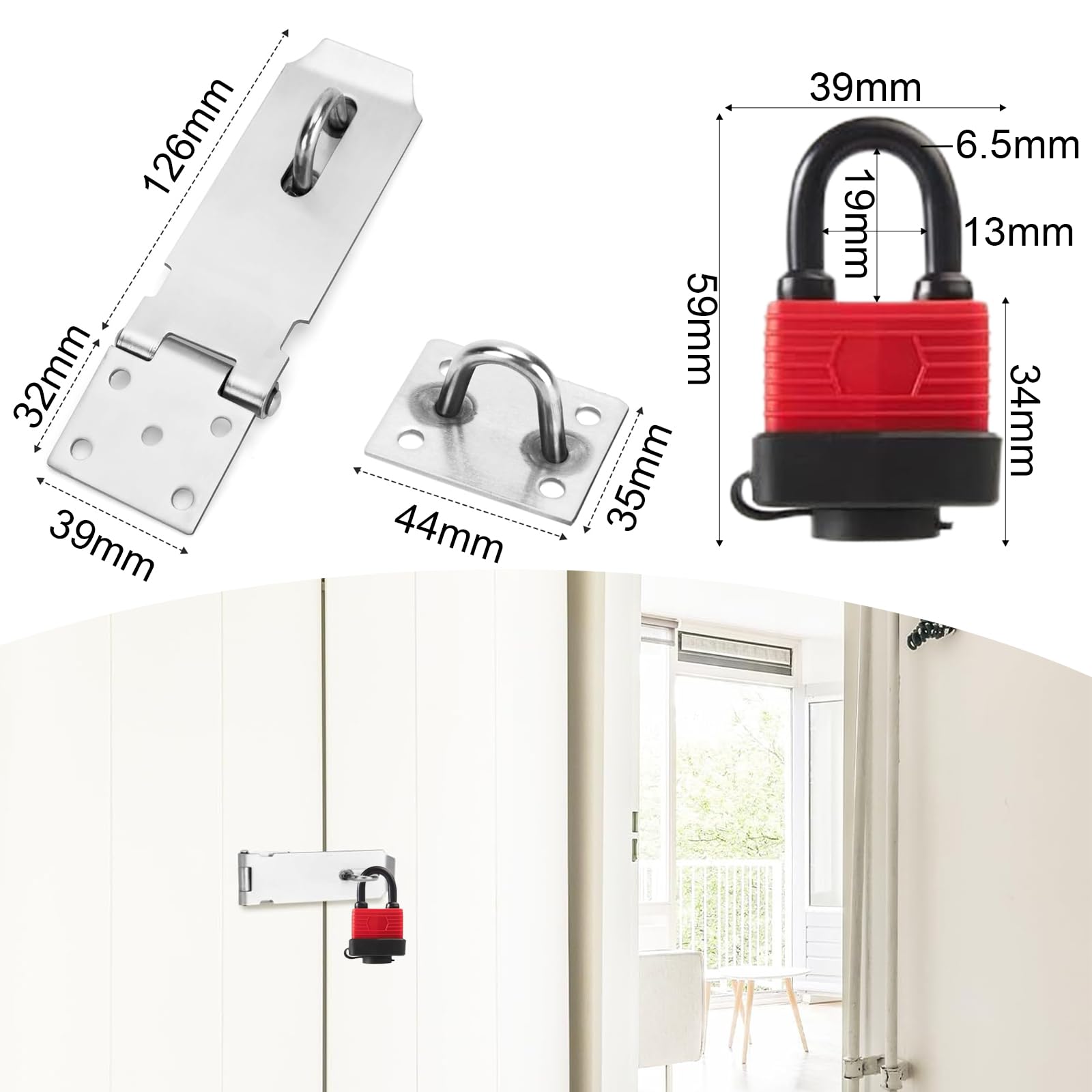 Lucchetto per Porta Kit, 16 cm in Acciaio Inox Lucchetto con Chiusura a Graffetta e Capannone, per Porta, Finestra, Armadietto, Gabbia per Animali Domestici