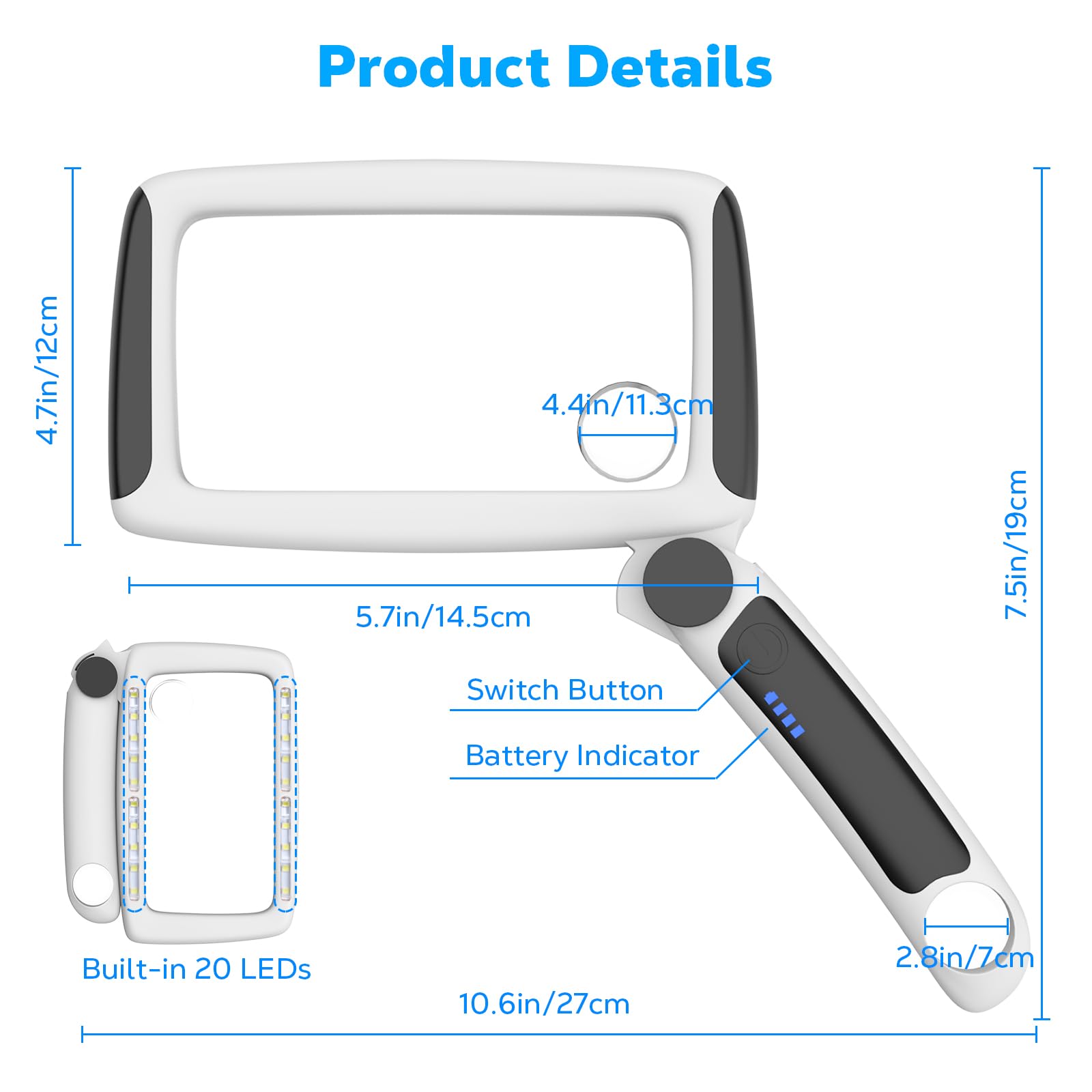 MoKo Magnifying Glass for Reading, Rechargeable 5/20/45X Full Page Book Magnifier with Light 3 Modes, Folding Handheld, Black