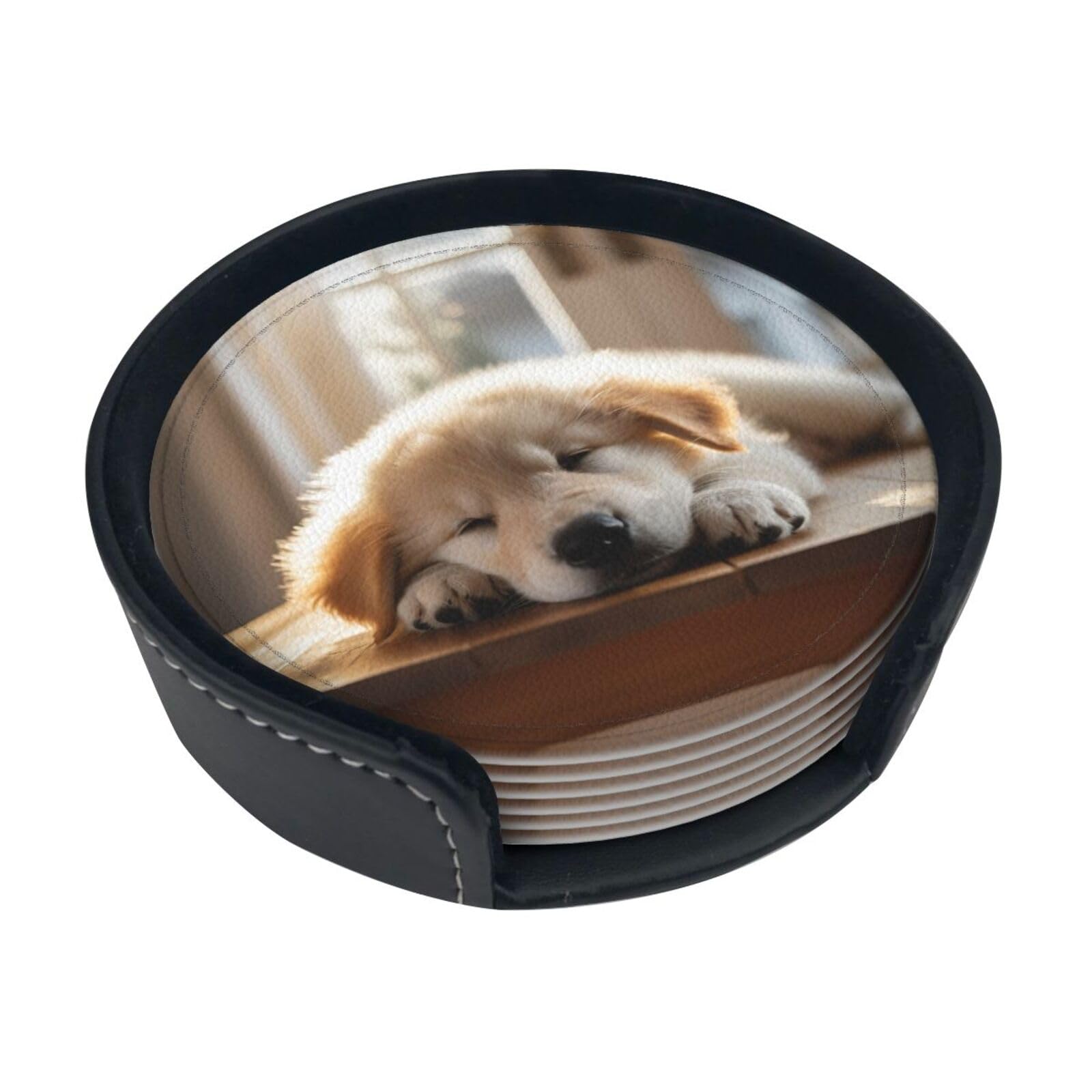 Lazy Dog Puppy Print Round Coasters Set Of 6,Coaster For Tabletop Protection Home Bar Decor