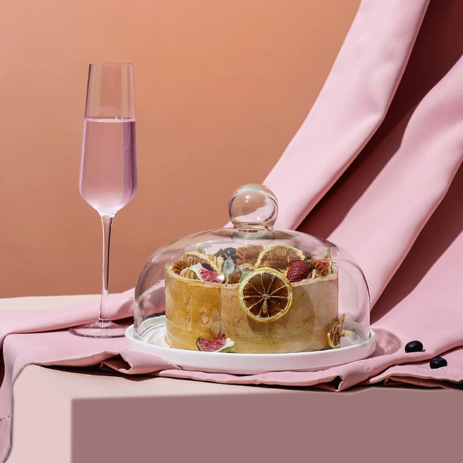Reusable Cake Box, Porcelain Dessert Tray with Clear Glass Lid, Snack Plate Pastry Serving Tray Cupfor Afternoon Tea Party