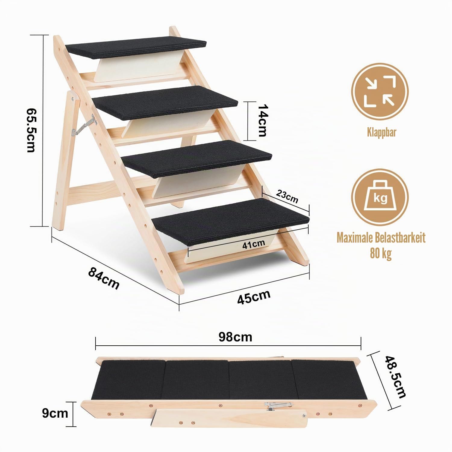 Hundetreppe Klappbare 4 Stufen 2-in-1 Hunderampe aus Holz 65cm hoch