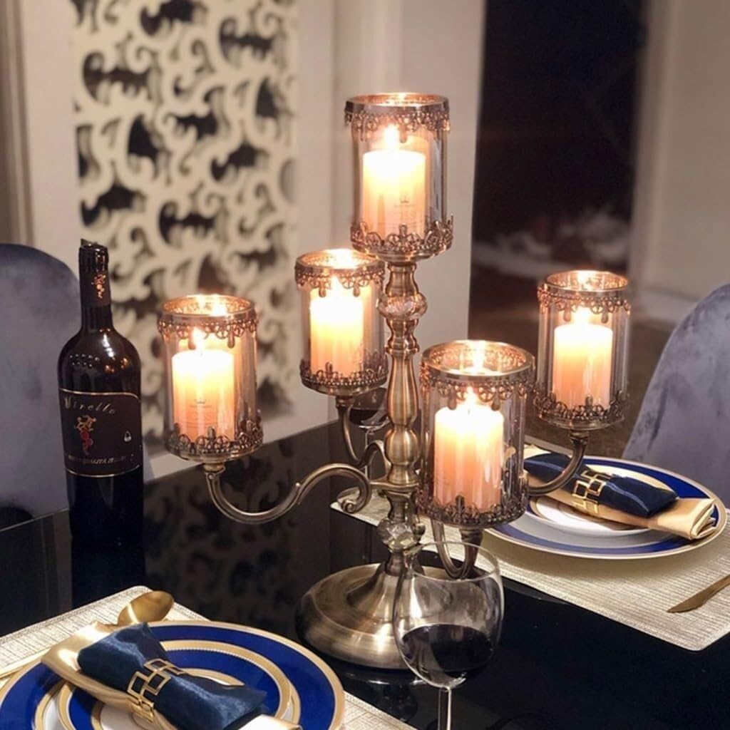 Candelabra Metal Candle Holder with Glass Cups, Antique Bronze 5-Arm Decorative Candle Stand for Weddings Home Décor