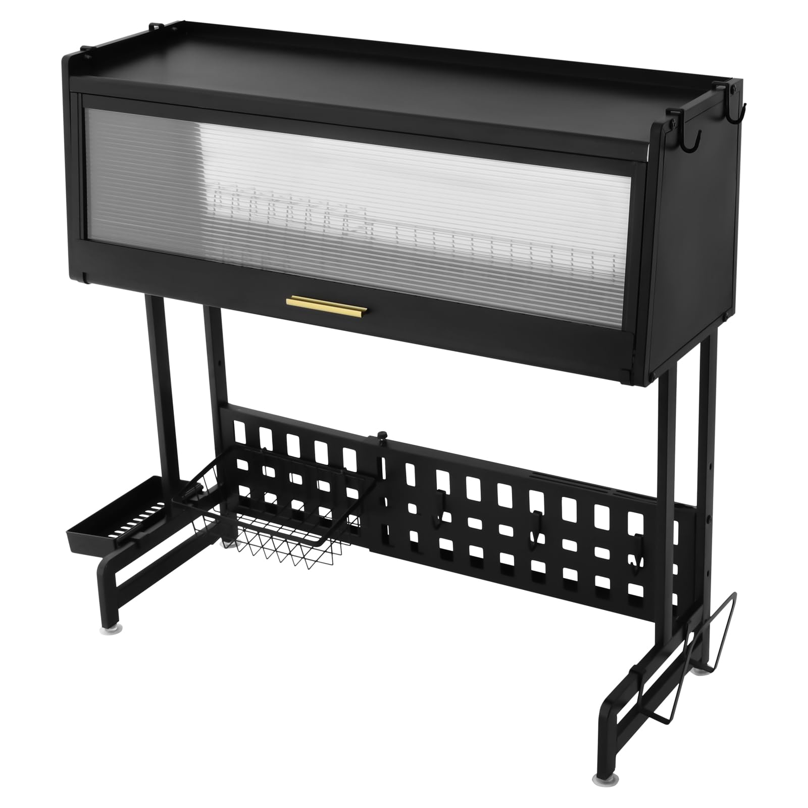 Escurreplatos de acero al carbono con soporte para utensilios, escurridor ajustable sobre el fregadero con agujeros de drenaje, soporte para platos con soporte para tabla de cortar