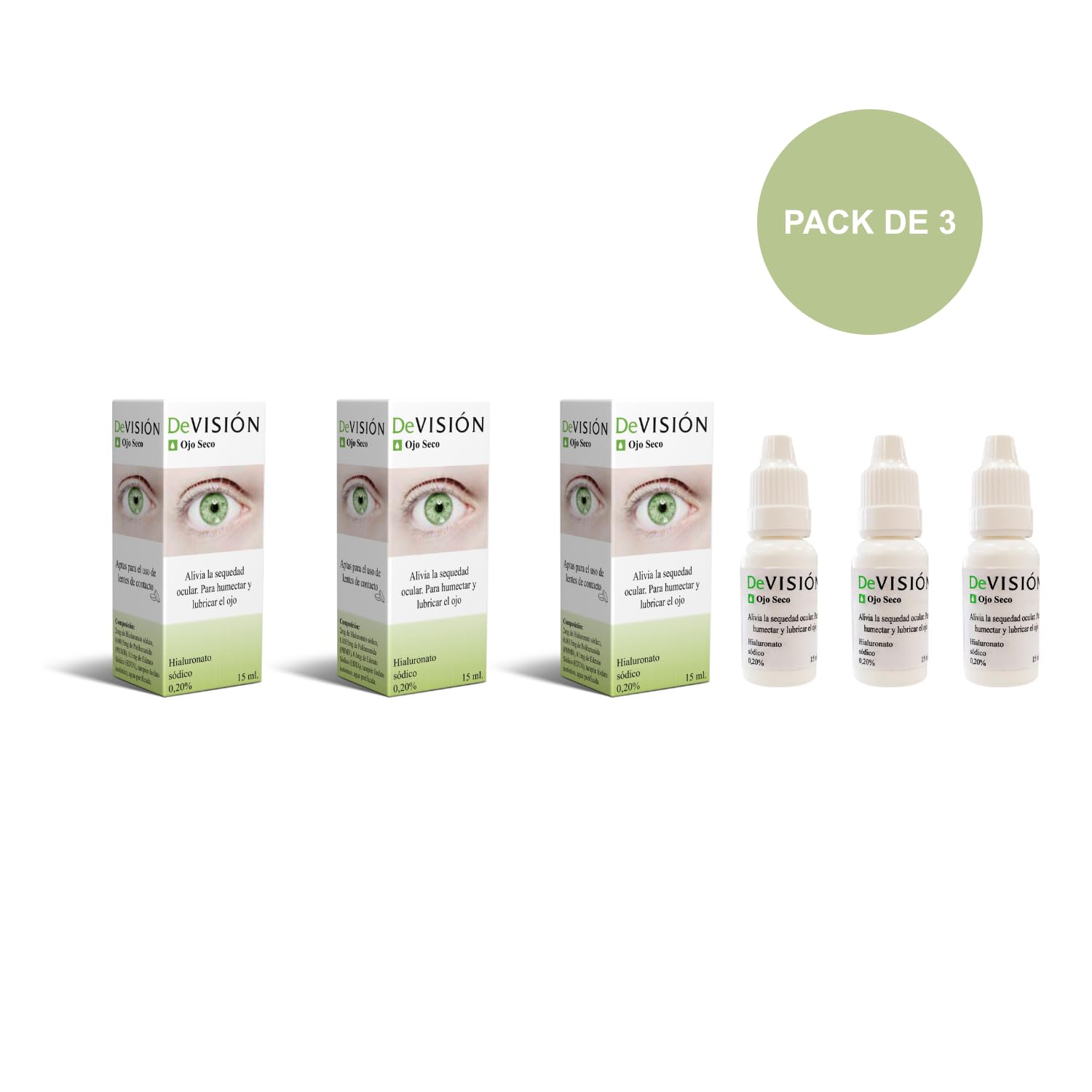 DeVisión Ojo Seco 15 ml - Pack de 3 Unidades - Gotas Oftálmicas con Hialuronato Sódico 0,20% – Lubricante Ocular para Aliviar la Sequedad y Humectar los Ojos – Envase Gotero