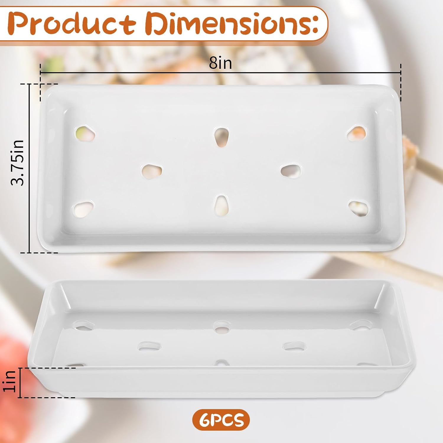 6 Pack Sushi Plates with Drip Holes Melamine Drain Sashimi Plate 8" x 3.75" Japanese Cuisine Chef Display Serving Tray for Sushi Case Raw Food Preparation Storage Restaurant Supply (White)