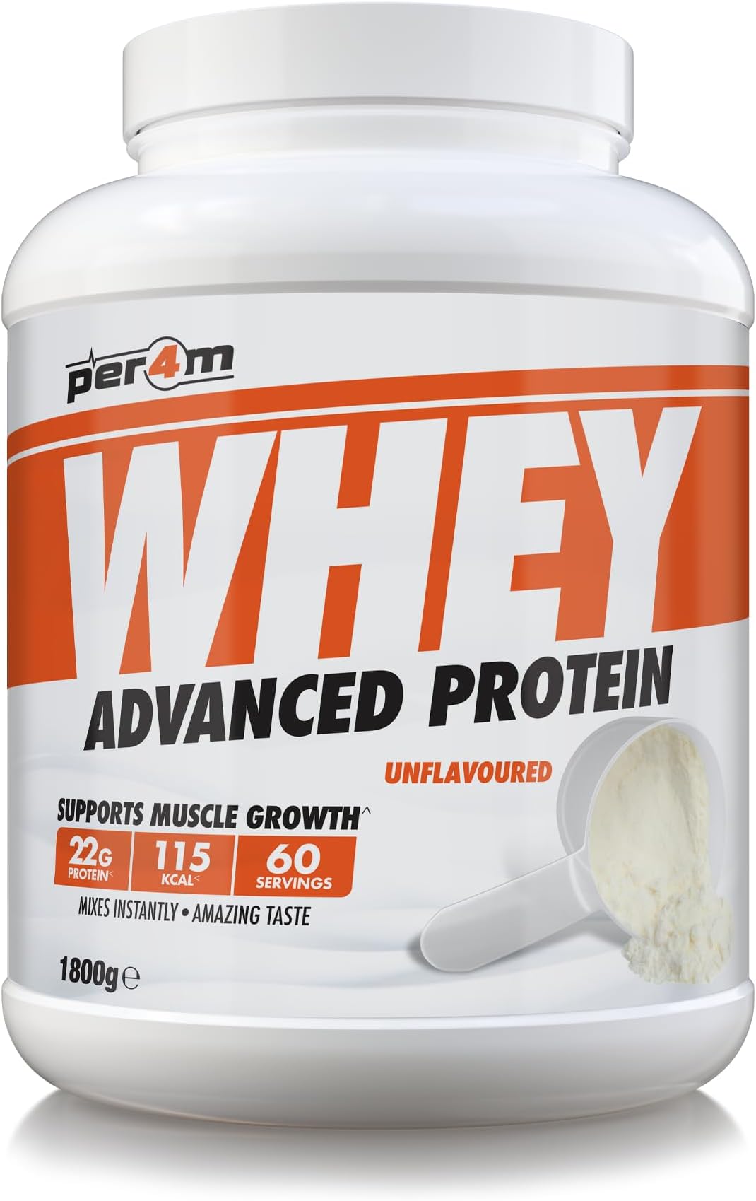 Per4m Whey Protein Powder | High Protein Shake for Muscle Growth & Recovery | Low Sugar Gym Supplement | Sports Nutrition Drink + Amino Acids (1800g, Unflavoured)
