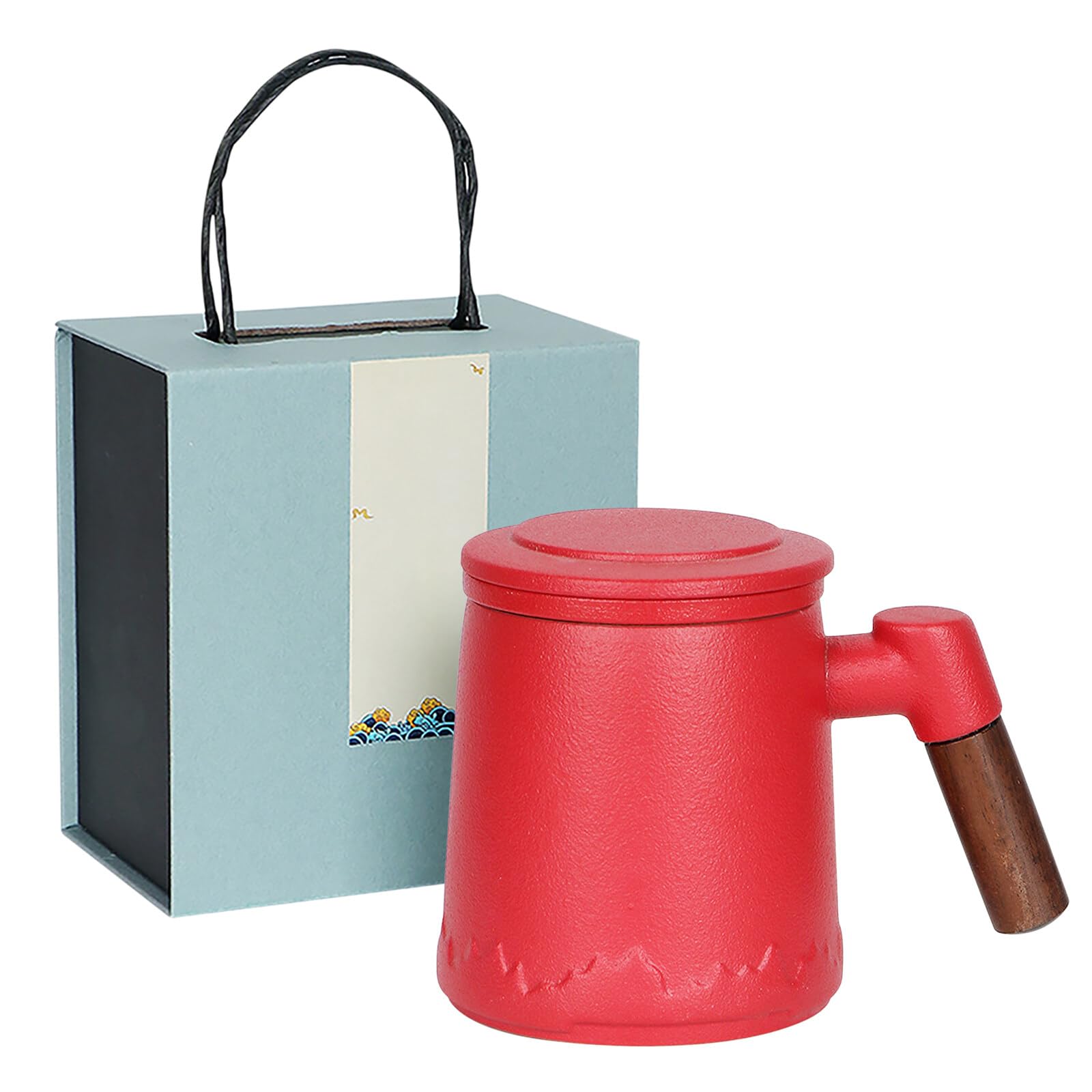 Teetasse mit Deckel und Sieb, 400 ml Teetasse mit Sieb, Teetassen mit Tee Sieb, Keramik-Teetassen mit Holzgriffen Eignen Sich zum Verschenken, Exquisite Geschenkboxen, (Rot, 400ml)
