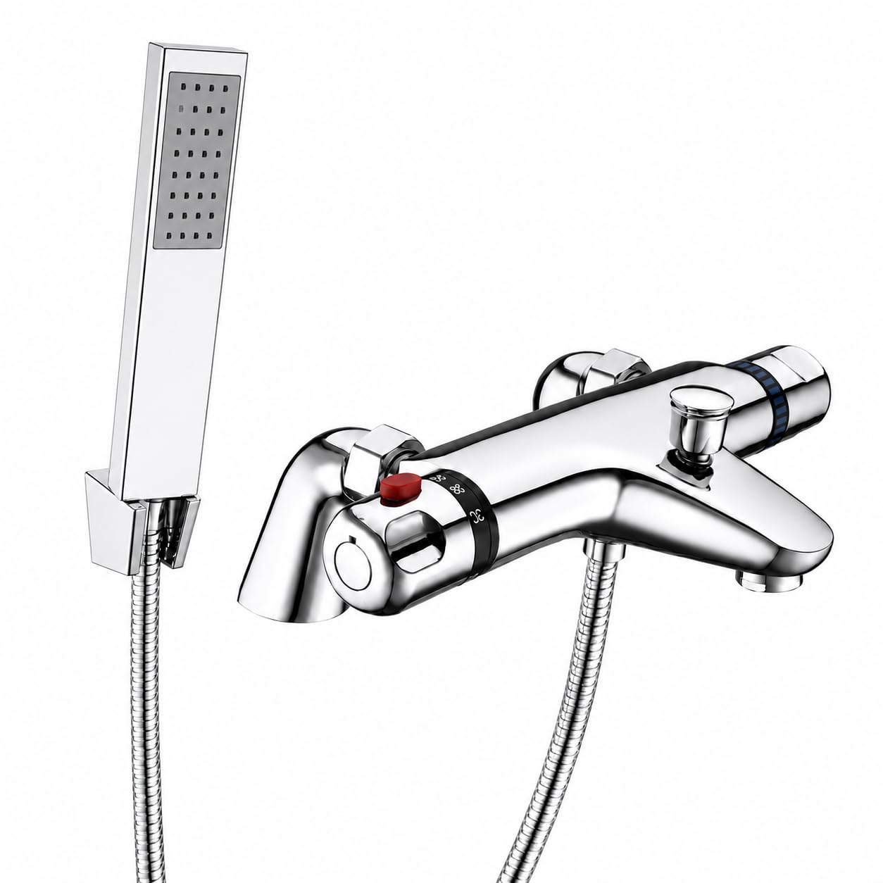 Hulthor Chrome Thermostatic Bath Shower Mixer Tap, Deck Mounted Bath Mixer Tap With Handheld Shower, 180Mm Solid Brass Bath Filler, 38°C Anti-Scald Safety Button –
