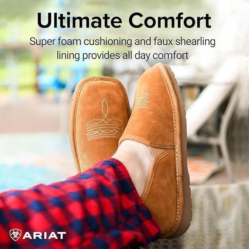 ARIAT Men's Square Toe Indoor & Outdoor Rubber Bottom Lasso Suede Slippers