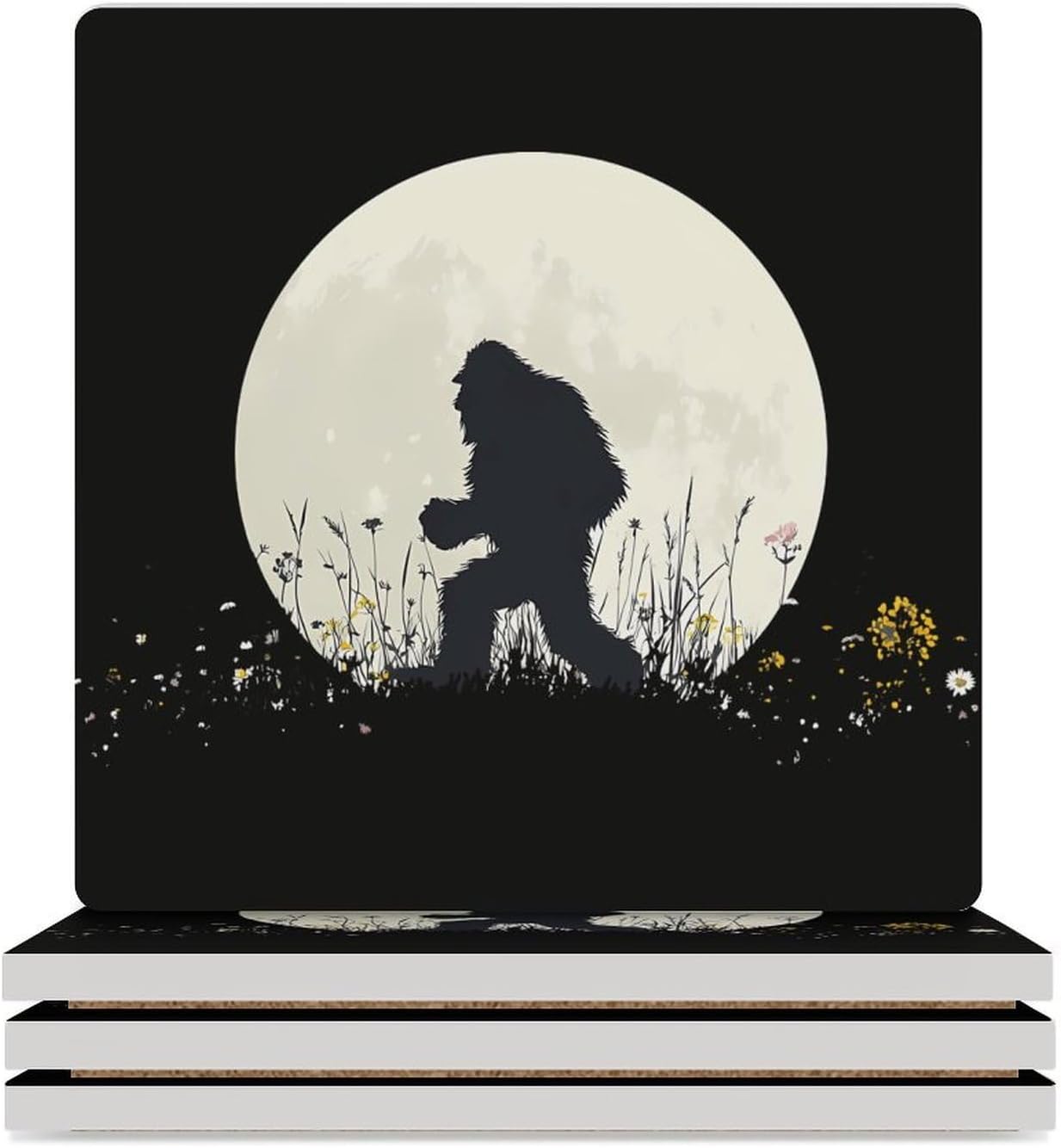 Bigfoot Sasquatch Full Moon Coaster for Drinks Square Ceramic Table Coasters Stone Mat Crafts 4PCS Home Kitchen Decor