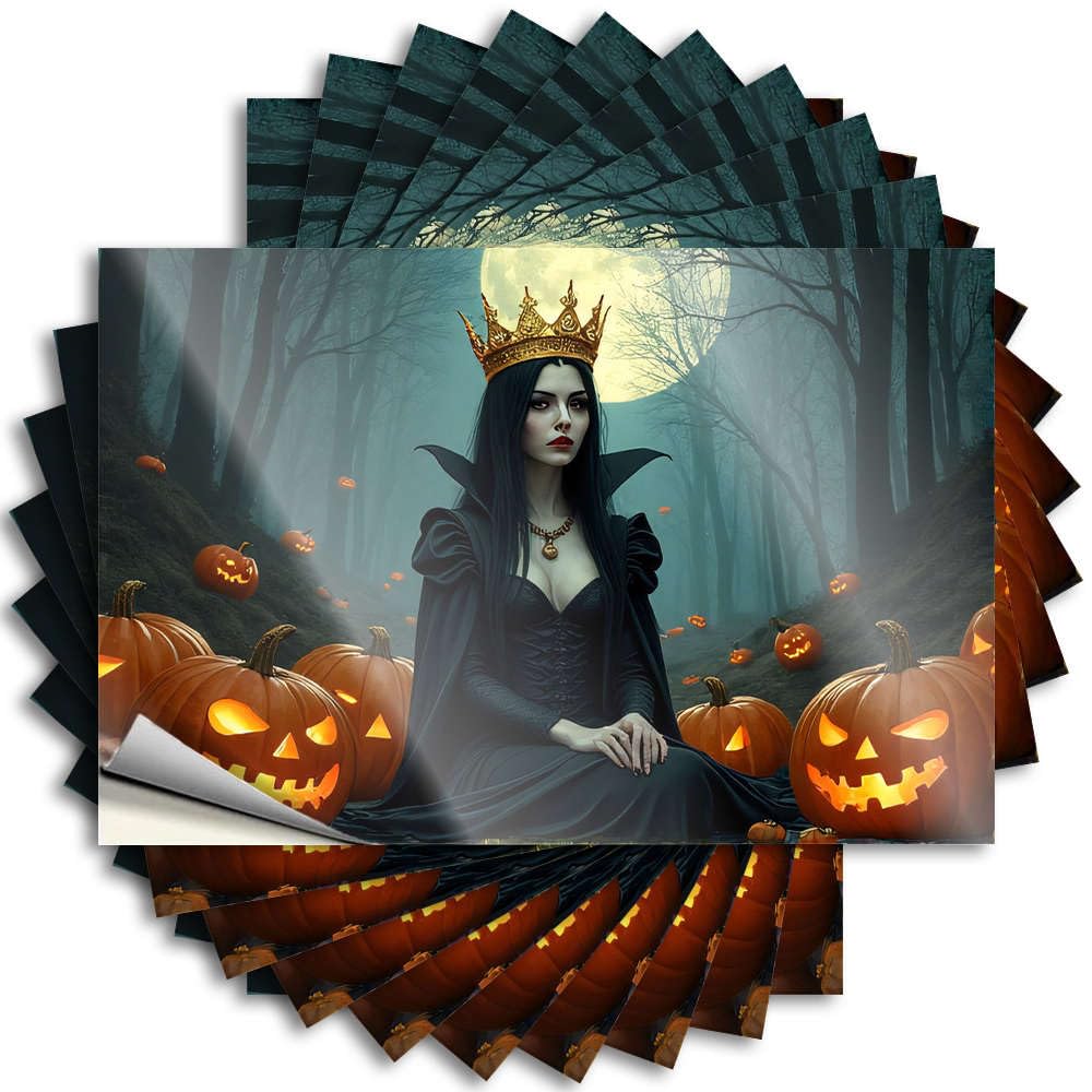 Funny Tattoos - Cats Billiards Bumper A Woman in A Black Dress with A Crown Sits Among Carved Pumpkins(12X18CM)