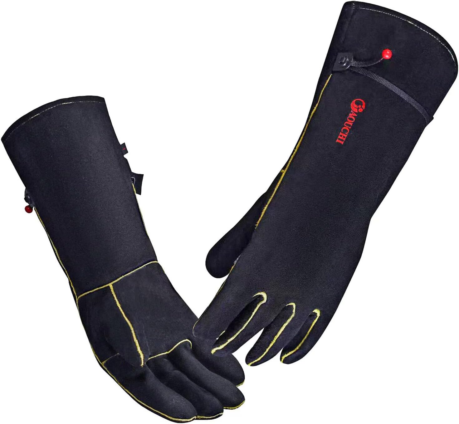 AOUCHILeather Welding BBQ Fire Gloves, Fireproof Heat-Resistant Long Sleeve Mitts for TIG/MIG, Log Wood Burners, Firefighting, Barbecue, Fireplace, Oven, Stove, Grill, Animal Handling