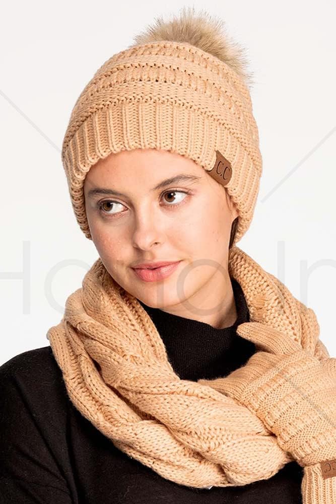 ScarvesMe 2pc Winter Warm Soft Stretch Cable Knit Faux Fur Pom Pom Beanie with Matching Gloves Set