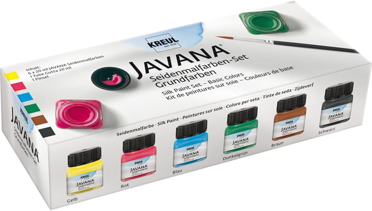 KREUL 81600 - Javana Silk Paints, Set of Basic Colours, 6 Colours in 20 ml Glass, 20 ml Gutta and a Brush, Highly Pigmented Brilliant Colours, for Silk and Light Textiles