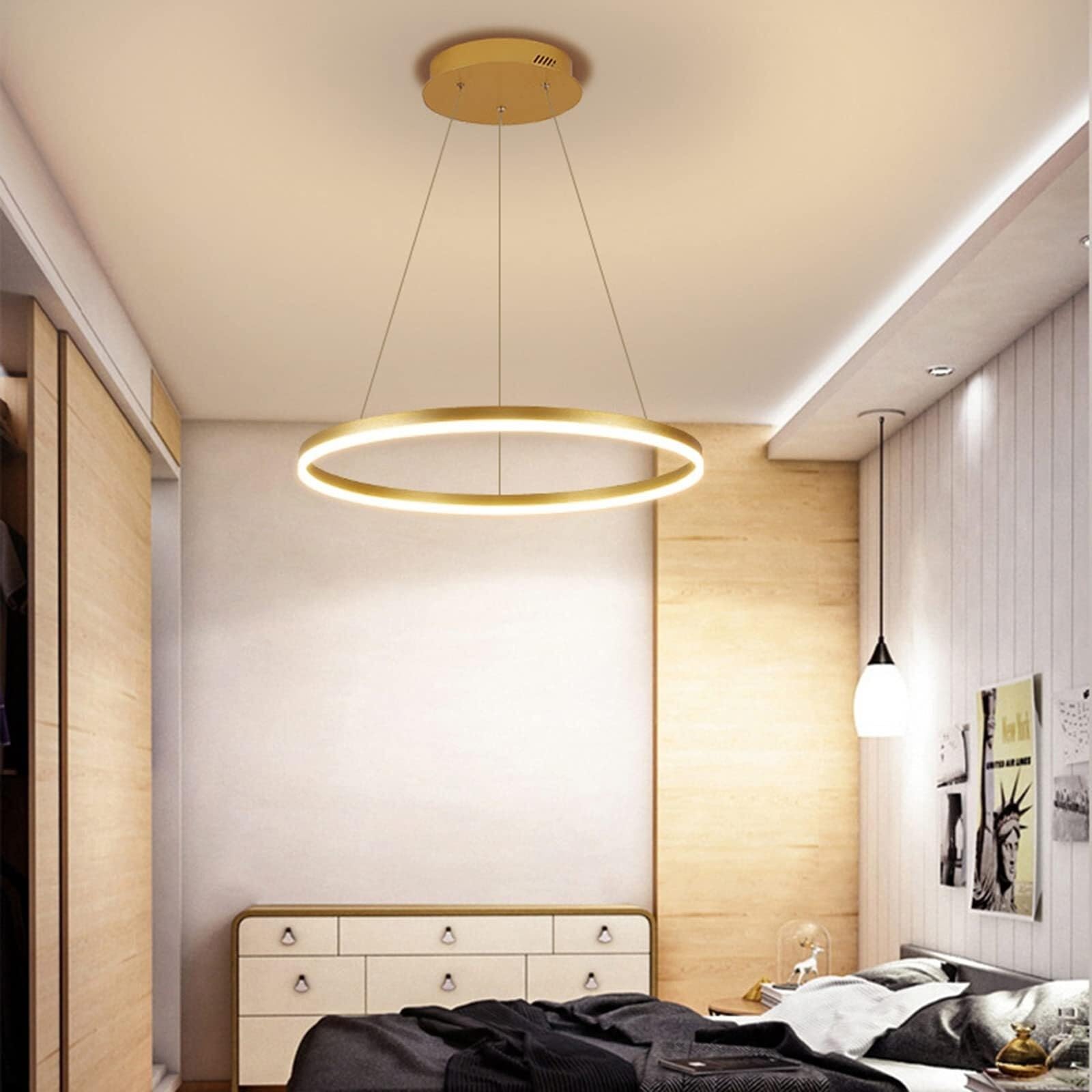 Lámpara colgante LED de anillo único, estilo nórdico moderno, regulable y regulable sin paso, ideal para mesa de comedor, isla de cocina y salón, blanca, 80 cm, 50 W (Gold Warm White, 60 cm, 38 W)