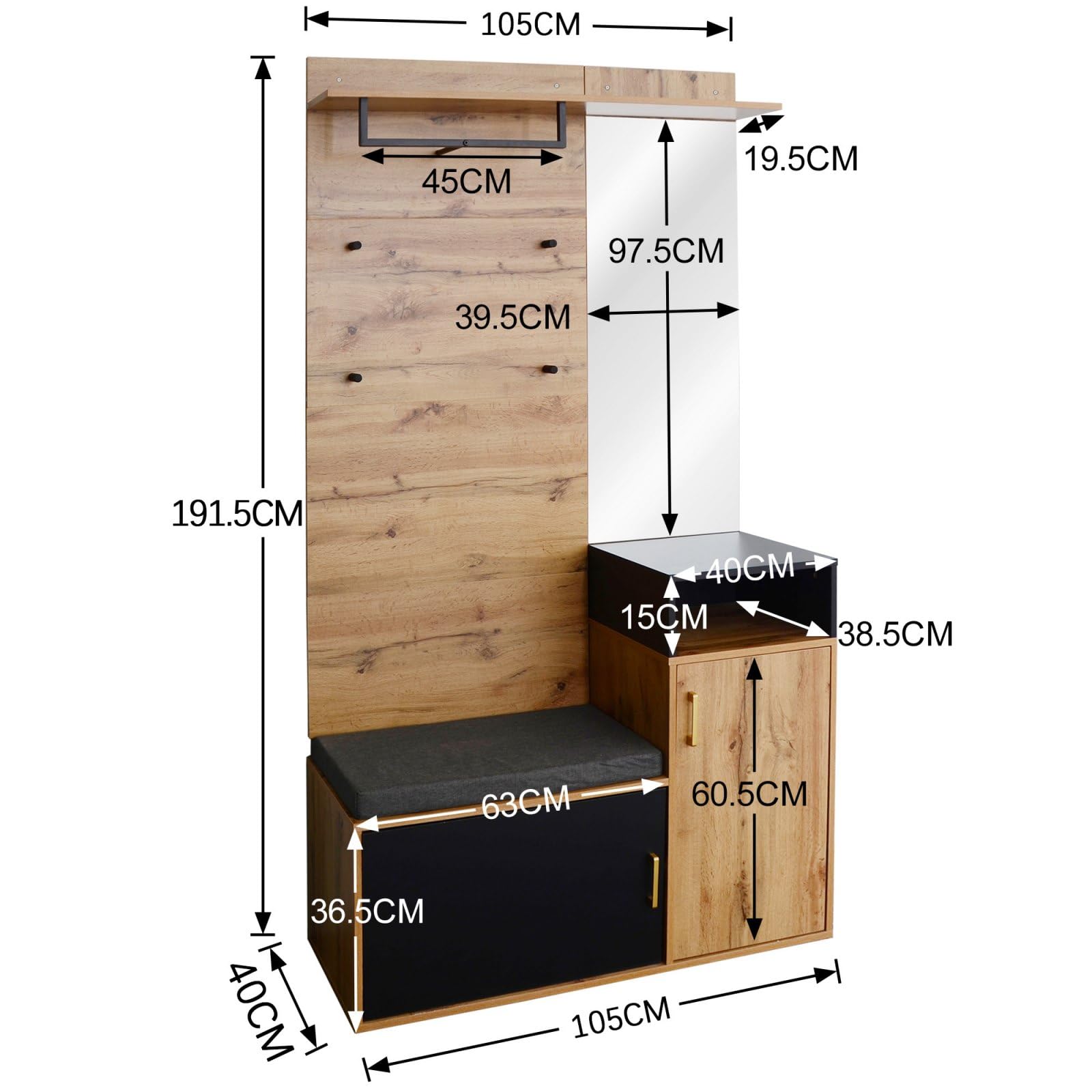 KOMHTOM Buffet à chaussures en grain de bois, armoire de rangement avec crochets, miroir et deux portes, armoire polyvalente pour entrée, couloir, chambre à coucher (C)