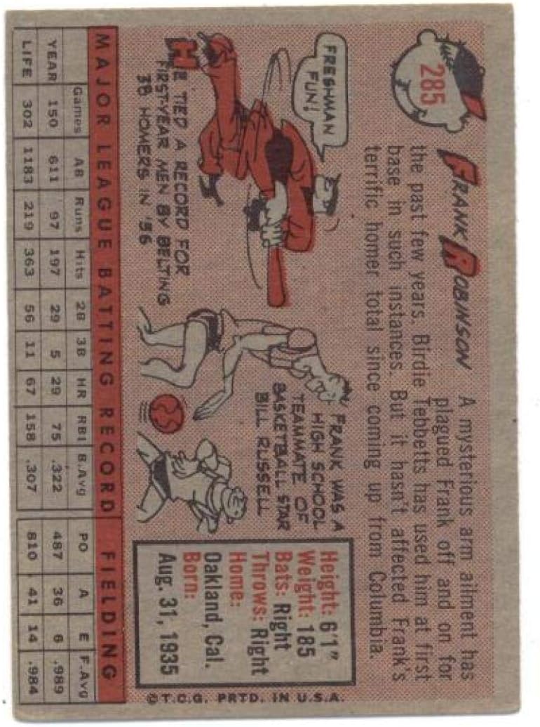 1958 Topps #285 Frank Robinson Cincinnati Reds MLB Baseball Card EX/NM
