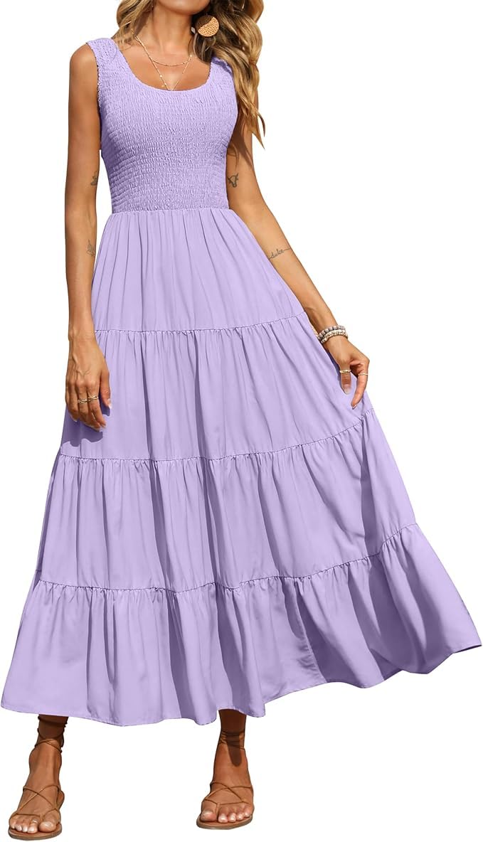 Vestido largo sin mangas fruncido para mujer, vestidos largos de verano casuales escalonados