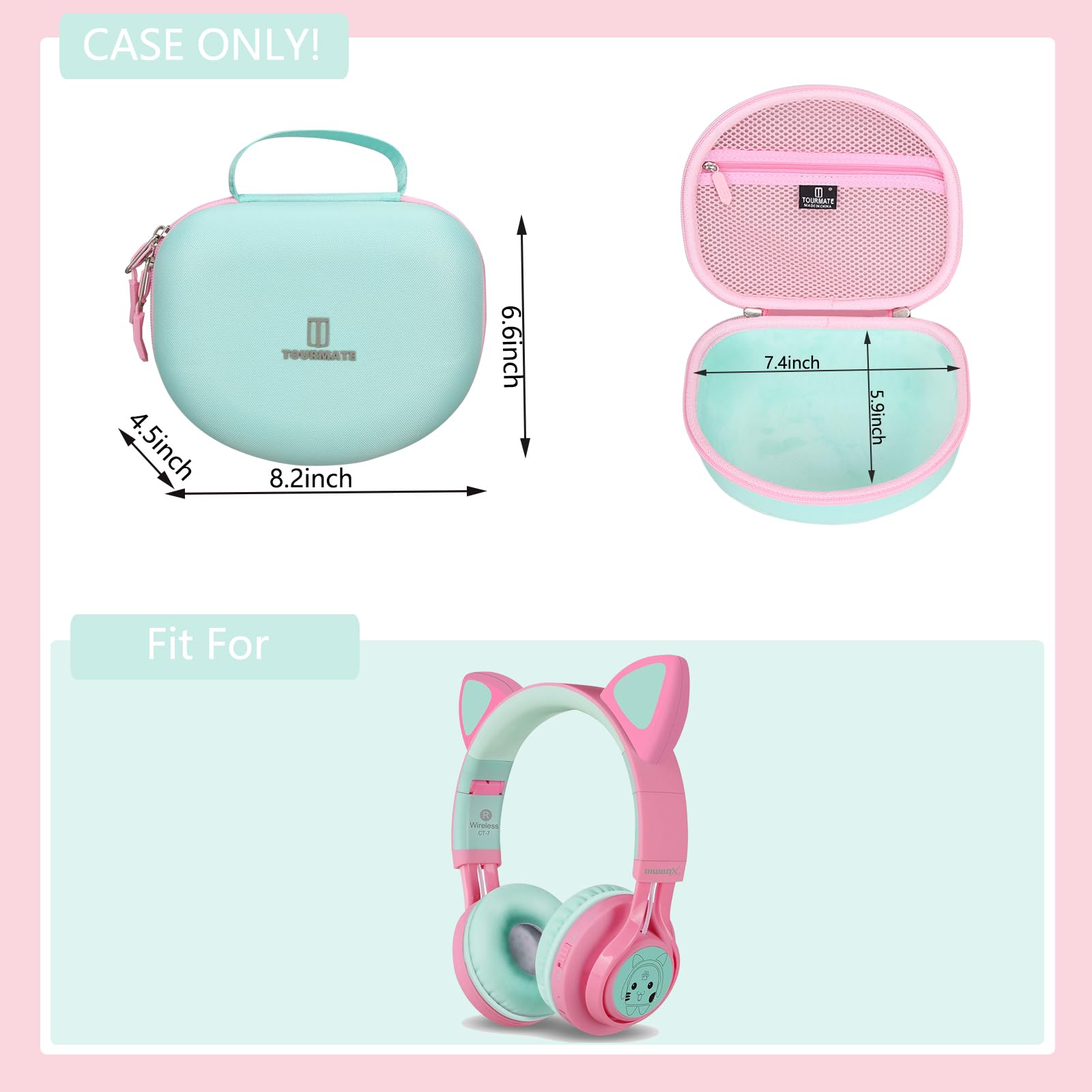 Tourmate Funda rígida de Viaje para Auriculares inalámbricos Riwbox CT-7 CT-7S / iClever HS01 / FosPower con luz LED para niños, Bolsa de Almacenamiento Protectora (Caja Rosa y Verde a la Venta)
