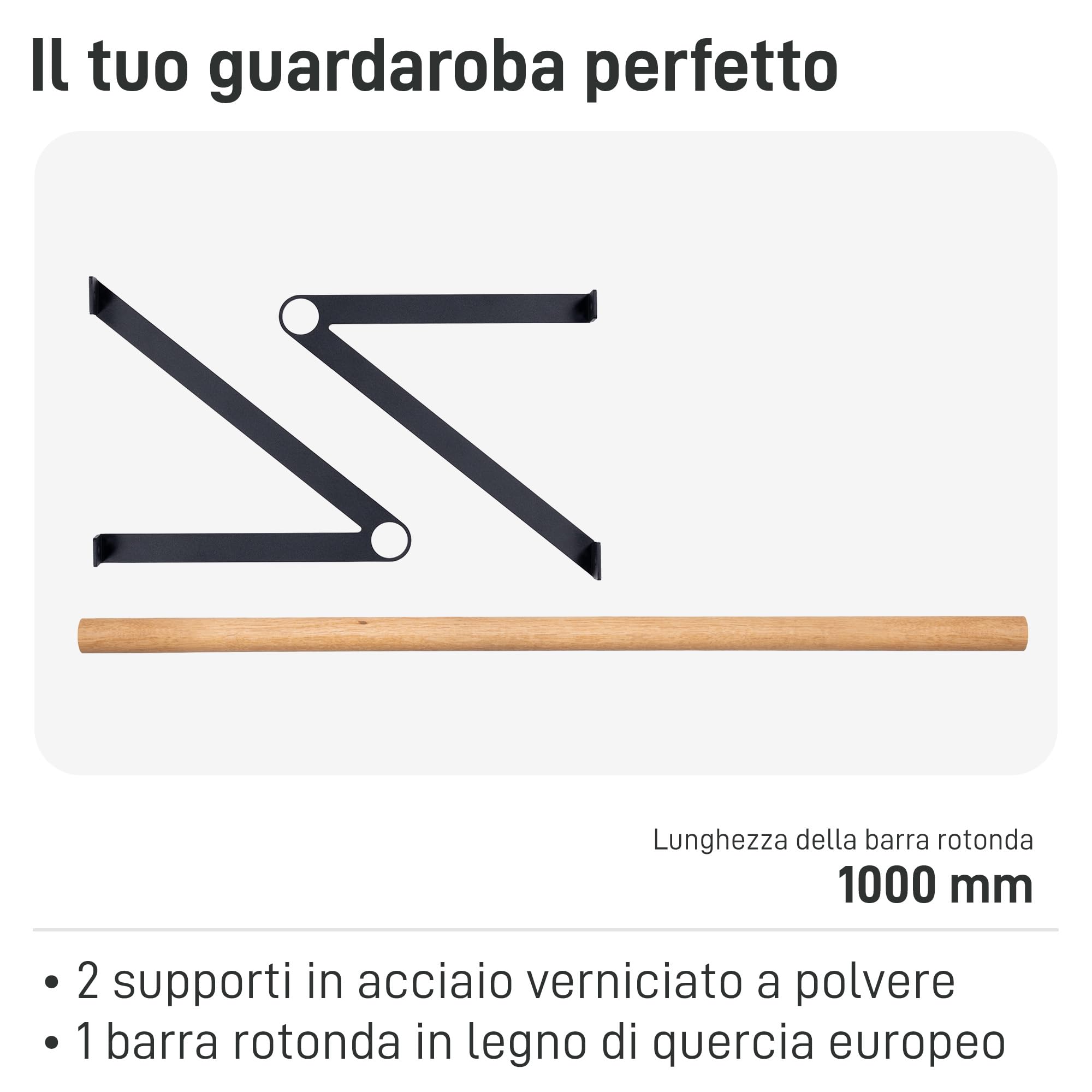 Natural Goods Berlin Appendi-Abiti da Muro Design GARD REINICKENDORF | Montaggio a Parete | Supporti per Asta per Abiti in Metallo in Negro | 100cm Barra Rotonda in Legno di Rovere Europeo