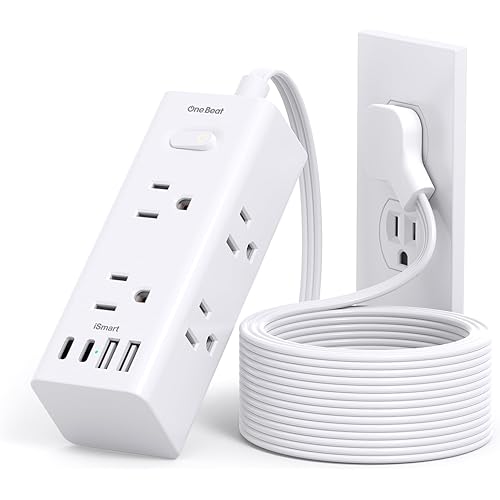 One Beat 10Ft Extension Cord with Multiple Outlets,Flat Plug Power Strip Surge Protector with 10 Ft Long Cord,6 Outlet 4 USB Ports (2USB C),Multi Outlet Wall Plug for Travel,College,Dorm Essentials
