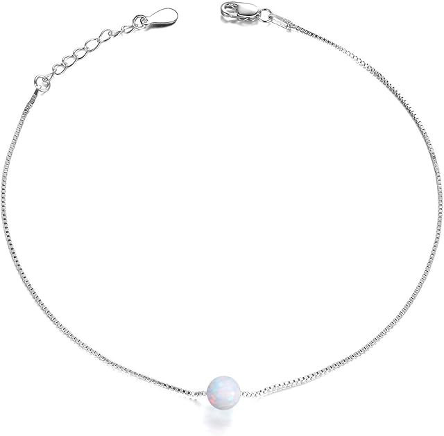 WINNICACA Bead Opal Ankle Bracelets S925 Sterling Silver Anklets for Women Girls Gifts