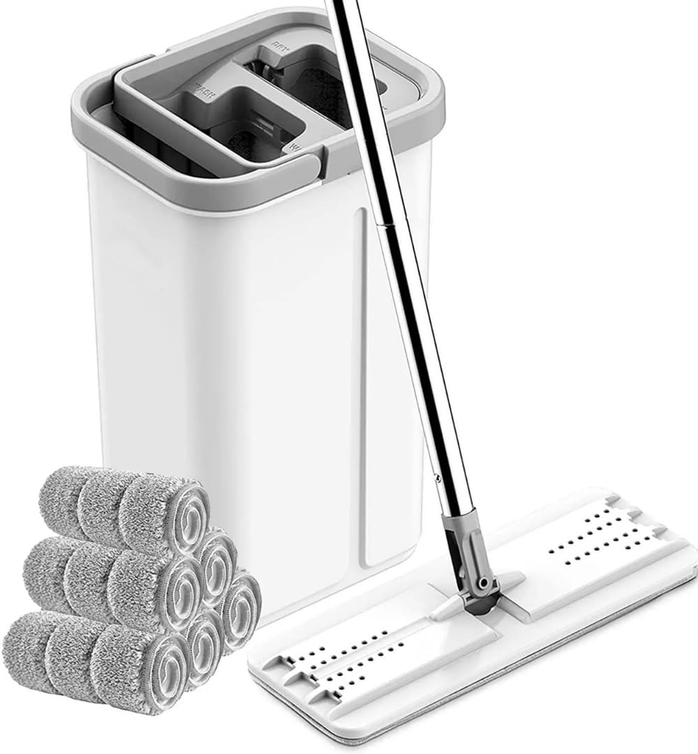 Serpillère Plate Avec Seau à 2 Compartiments Et 8 Lingettes Microfibre - Nettoyage Mains Libres, Pivot 360°