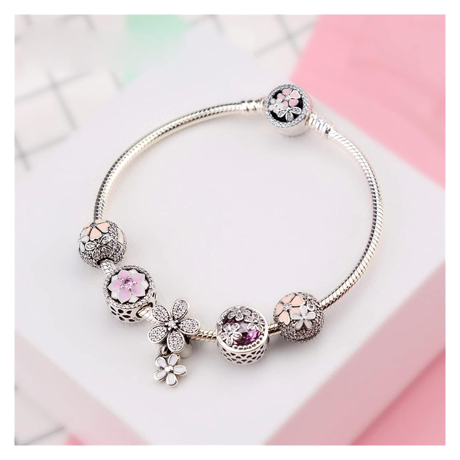 YCTTKDD Juego de Pulseras para Mujer Pan 925 para Mujer, Flores de Primavera, Regalo de cumpleaños, joyería con dijes, 21 cm