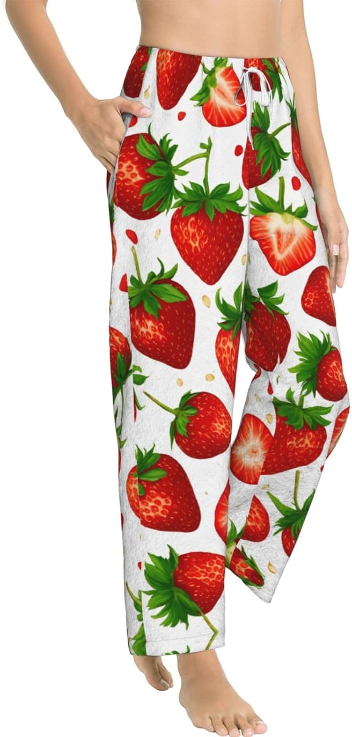 Strawberry Print Cozy Flannel Pajama Pants For Women,Warm Christmas Pj Pants,Cute Fleece Pajamas