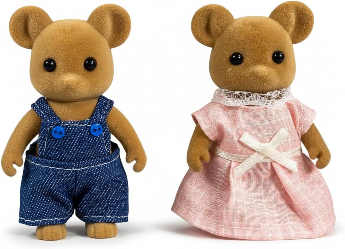 Family Brown Mouse Figures — Set of 2 Collectible Flocked Mini Dolls with Removable Clothes, Dollhouse Pretend Play Set for Kids Ages 3+