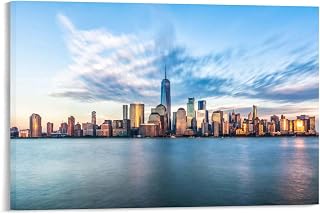 New York Canvas Prints Wall Art Downtown Manhattan New York Jersey City Golden Sunset Painting Artwork Framed Home Decor For Living Room Bedroom 24x32 Inch