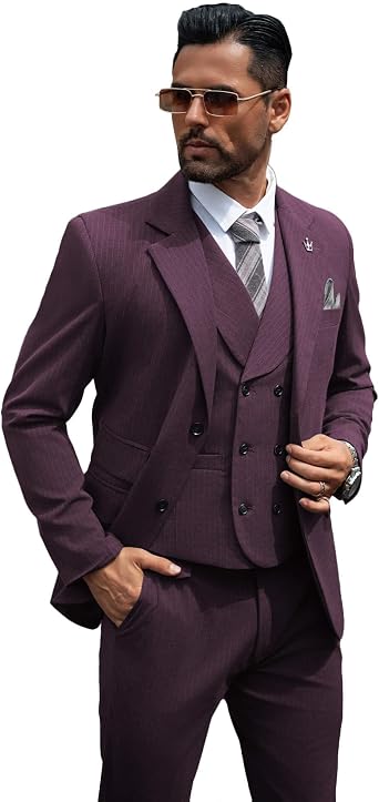 Wemaliyzd Mens 3 Piece Suit Pinstripe Suit Slim Fit Elegant Tuxedo Double Breasted Vest Pants for Business Wedding