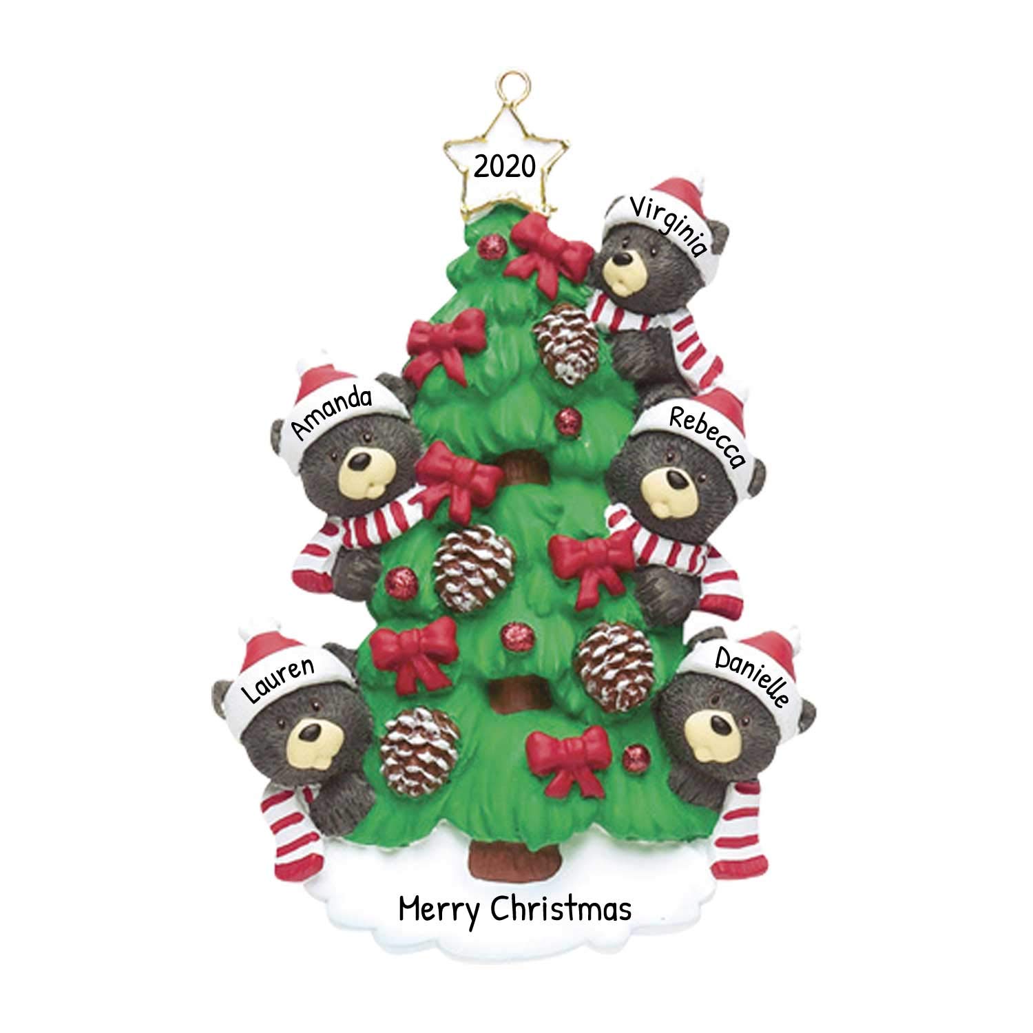Personalized Christmas Ornaments 2017 Red Ribbon Tree Family of 5 Holiday Black Bear Ornaments Cute Parents Grandparents Brothers and Sisters Best Friends Siblings Kids Coworkers of Five