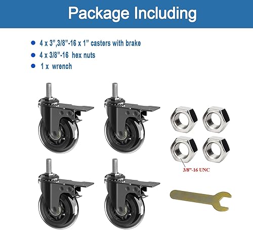 Miniatura 7 de Ruedas giratorias de 3 pulgadas con bloqueo doble de seguridad, vástago roscado resistente de 38 a 16 x 1 pulgada, ruedas de goma giratorias sin